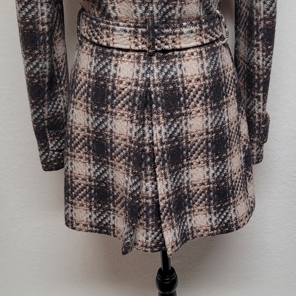 DKNY Retro Y2K Brown Plaid Tweed Double Breasted Belted Midi Peacoat Trench Coat - Picture 10 of 13